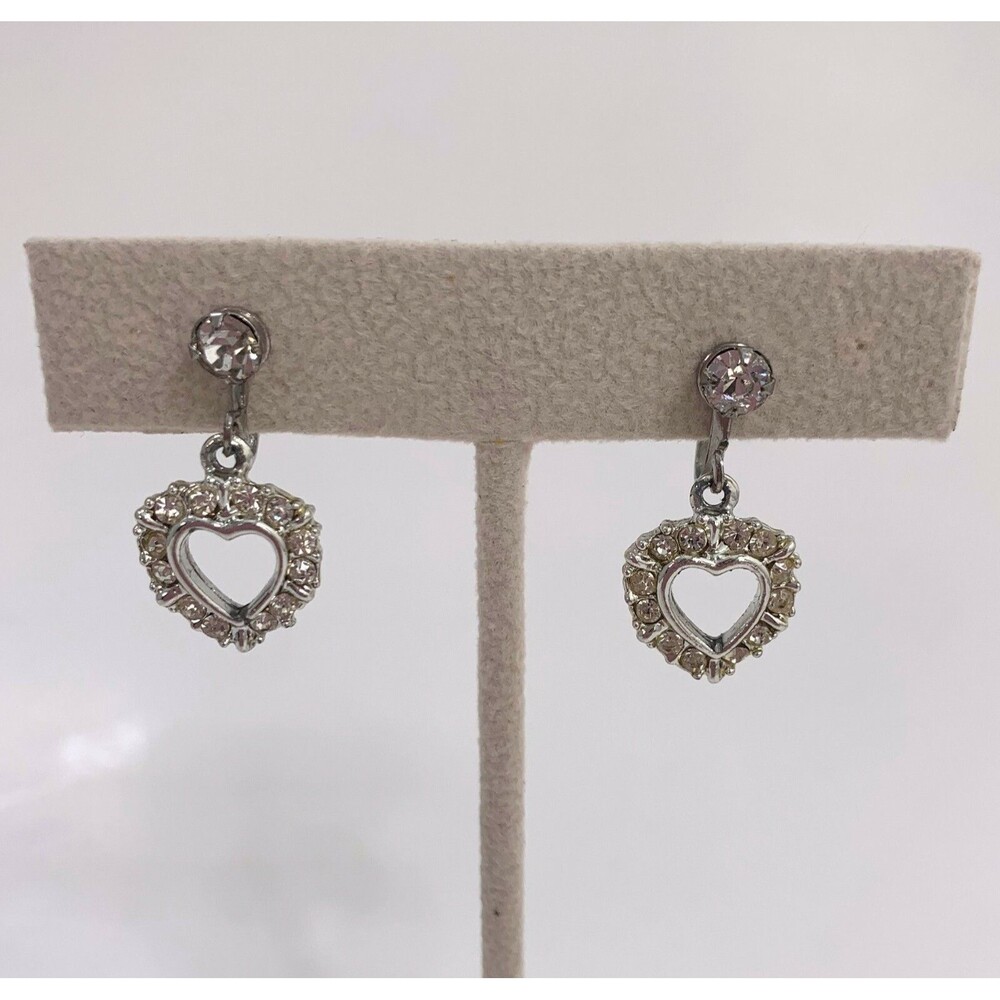 Vintage Heart Rhinestone Screw Back Earrings Valentine Dainty Feminine Romantic